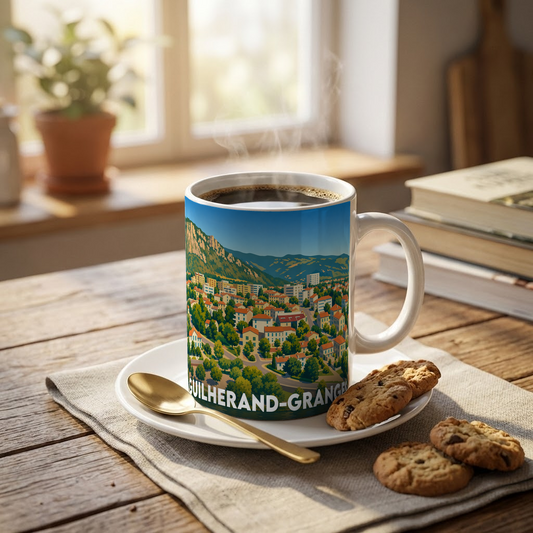 Mug souvenir de la ville de Guilherand-Granges orné d'une illustration panoramique stylisée.