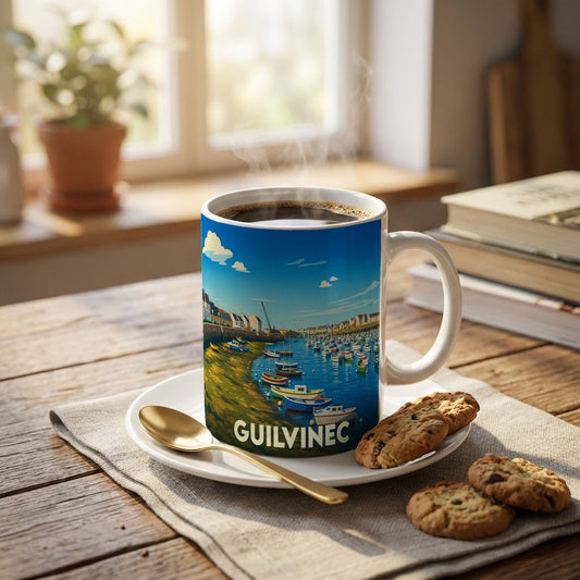 Mug souvenir de la ville de Guilvinec avec une illustration stylisée d'un port de pêche breton.