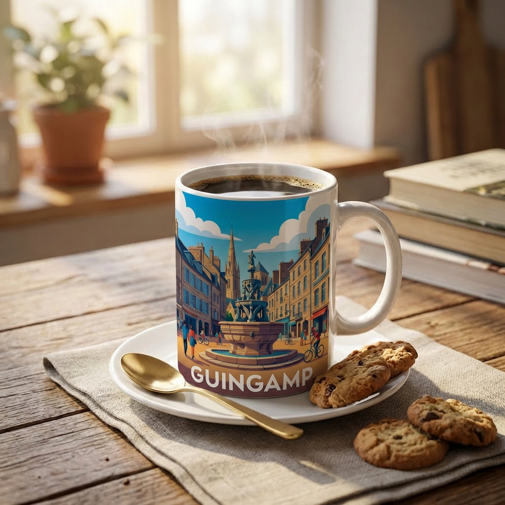 Mug souvenir de la ville de Guingamp avec une illustration stylisée.