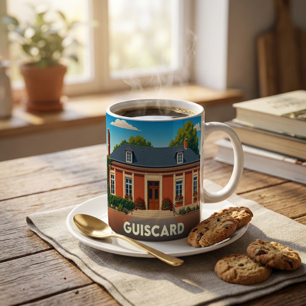 Mug souvenir de la ville de Guiscard illustré d'un bâtiment élégant en briques rouges.