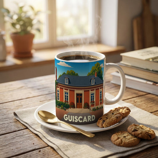 Mug souvenir de la ville de Guiscard illustré d'un bâtiment élégant en briques rouges.