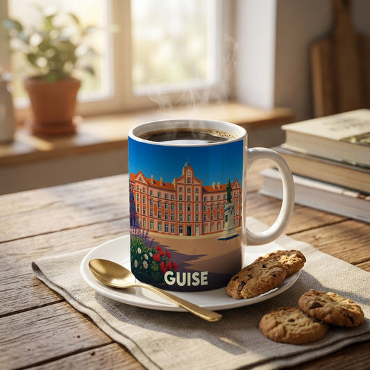 Mug souvenir de la ville de Guise avec une illustration stylisée du Familistère.