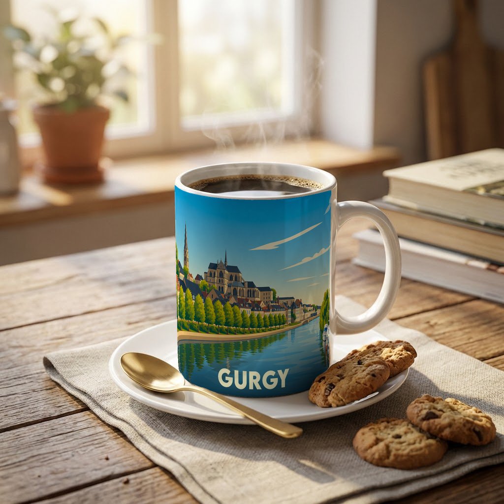 Mug souvenir de la ville de Gurgy illustré d'un paysage urbain au bord de l'eau.