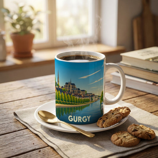 Mug souvenir de la ville de Gurgy illustré d'un paysage urbain au bord de l'eau.