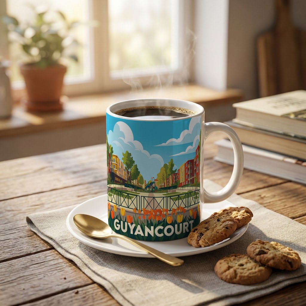 Mug souvenir de la ville de Guyancourt avec une illustration stylisée.