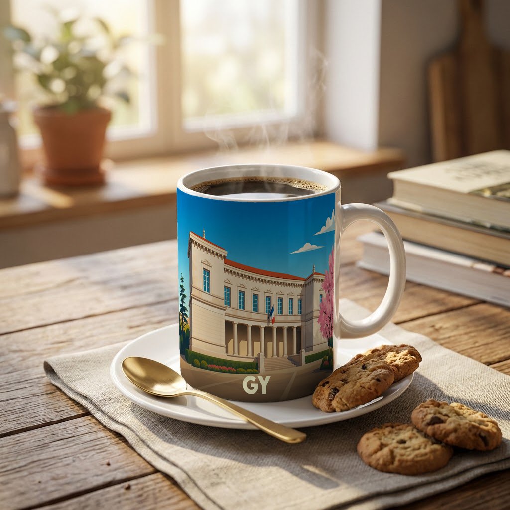 Mug souvenir de la ville de Gy avec une illustration stylisée de l'hôtel de ville.