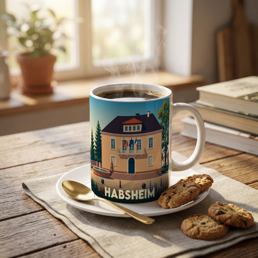 Mug souvenir de la ville de Habsheim orné d'une illustration stylisée de sa mairie.