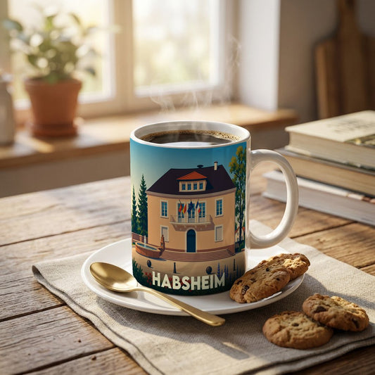 Mug souvenir de la ville de Habsheim orné d'une illustration stylisée de sa mairie.