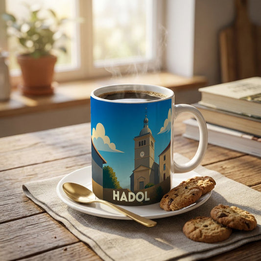 Mug souvenir de la ville de Hadol avec une illustration stylisée de son église.