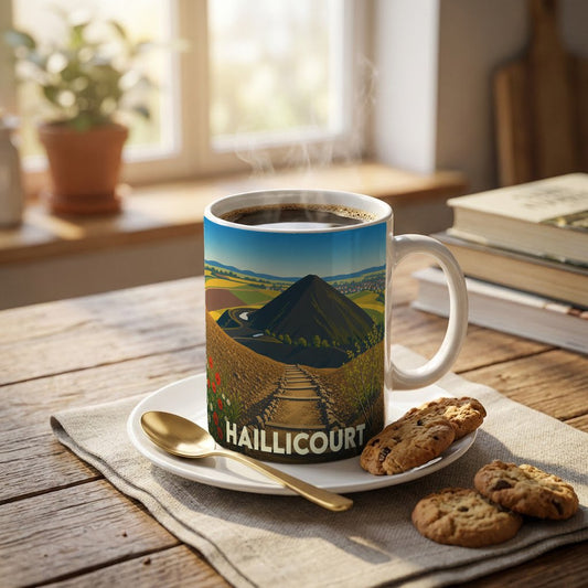 Mug souvenir de la ville de Haillicourt arborant une illustration stylisée de ses terrils.