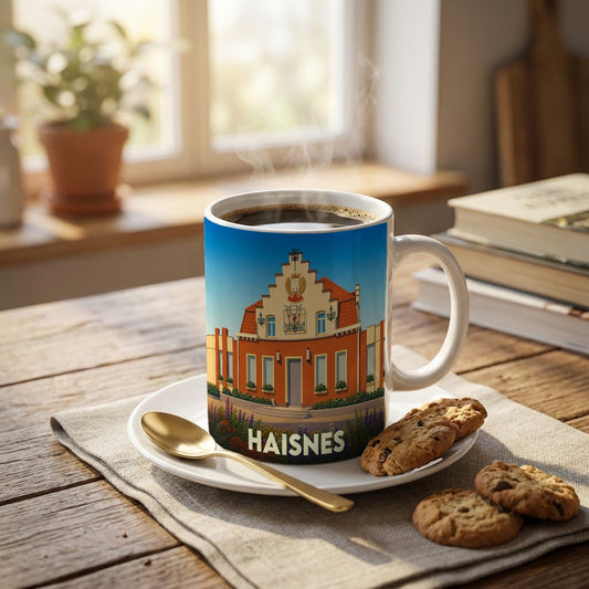 Mug souvenir de la ville de Haisnes orné d'une illustration stylisée de son hôtel de ville.