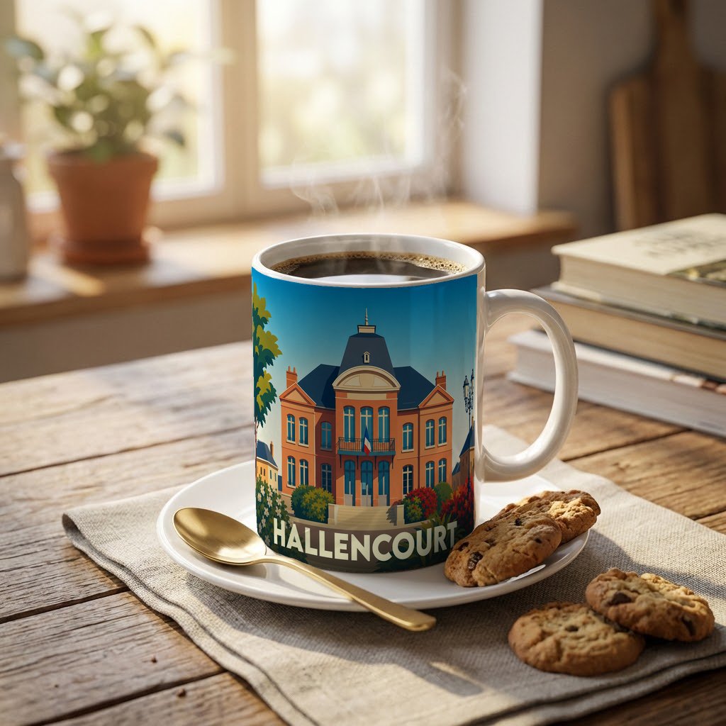 Mug souvenir de la ville de Hallencourt orné d'une illustration stylisée de son hôtel de ville.