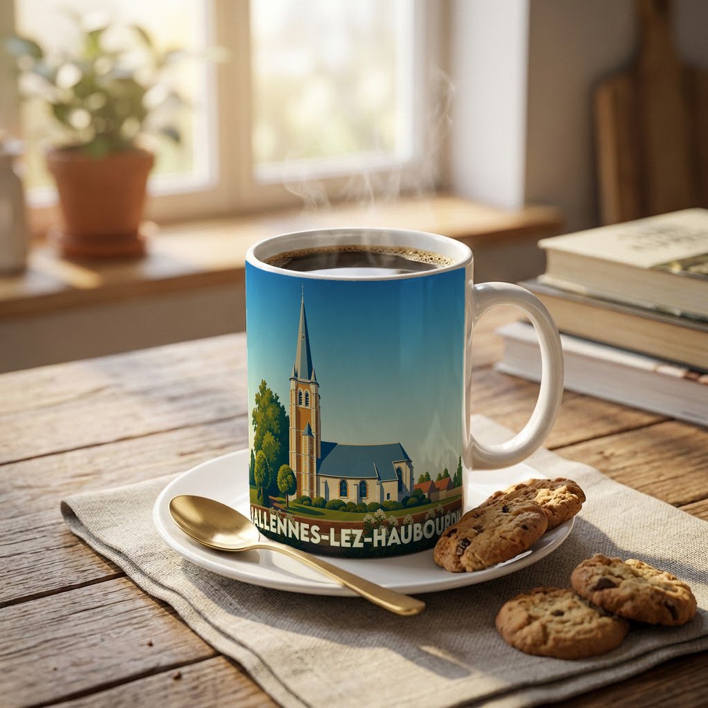 Mug souvenir de la ville de Hallennes-lez-Haubourdin orné d'une illustration stylisée de son église.