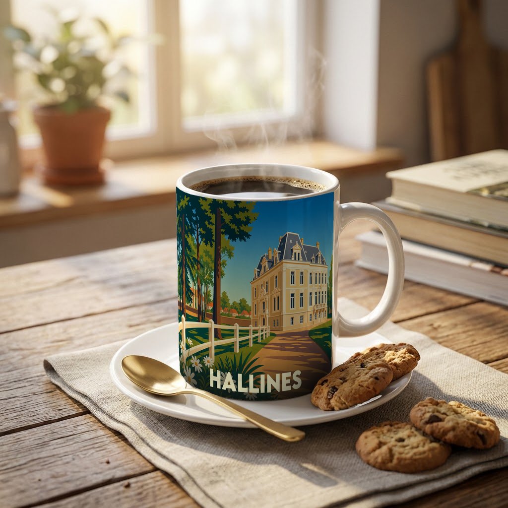 Mug souvenir de la ville de Hallines illustré d'un manoir majestueux dans un style rétro.