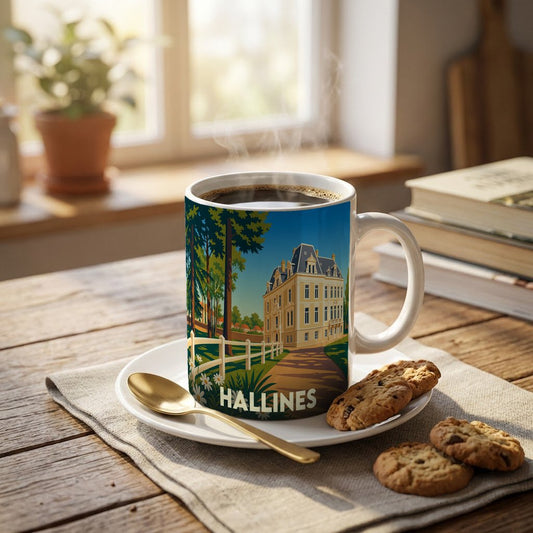 Mug souvenir de la ville de Hallines illustré d'un manoir majestueux dans un style rétro.