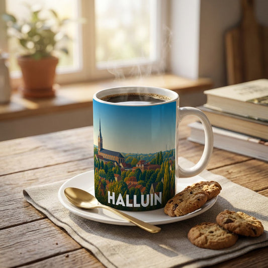 Mug souvenir de la ville de Halluin avec une illustration stylisée.