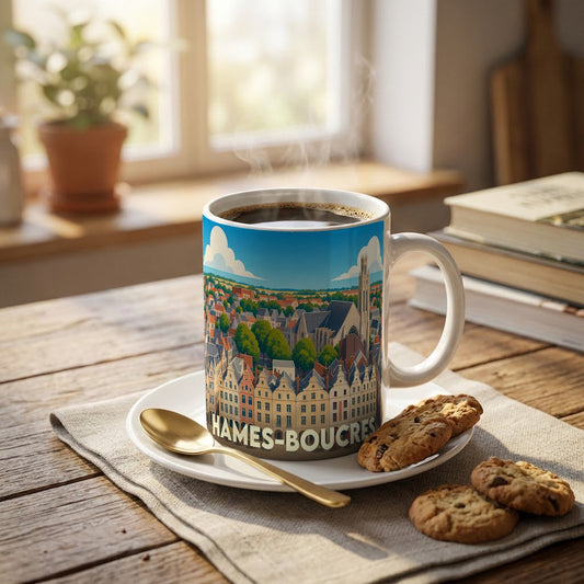 Mug souvenir de la ville de Hames-Boucres avec une illustration stylisée.