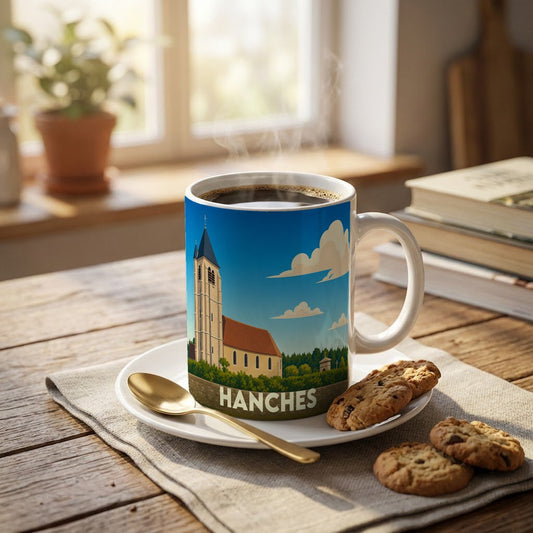 Mug souvenir de la ville de Hanches avec une illustration stylisée de son église.