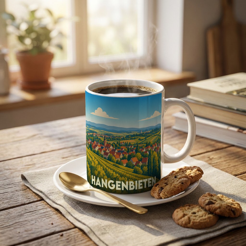 Mug souvenir de la ville de Hangenbieten avec une illustration stylisée de paysages alsaciens.