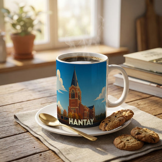 Mug souvenir de la ville de Hantay avec une illustration stylisée de son église.