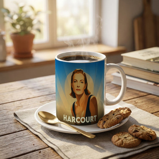 Mug souvenir de la ville de Harcourt orné d'un portrait illustré de style rétro.