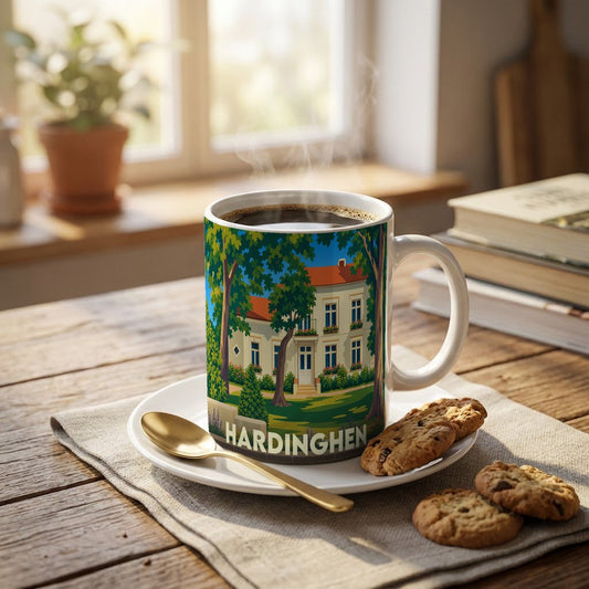 Mug souvenir de la ville de Hardinghen orné d'une illustration stylisée d'une demeure entourée d'arbres.