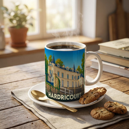 Mug souvenir de la ville de Hardricourt avec une illustration stylisée représentant son château.