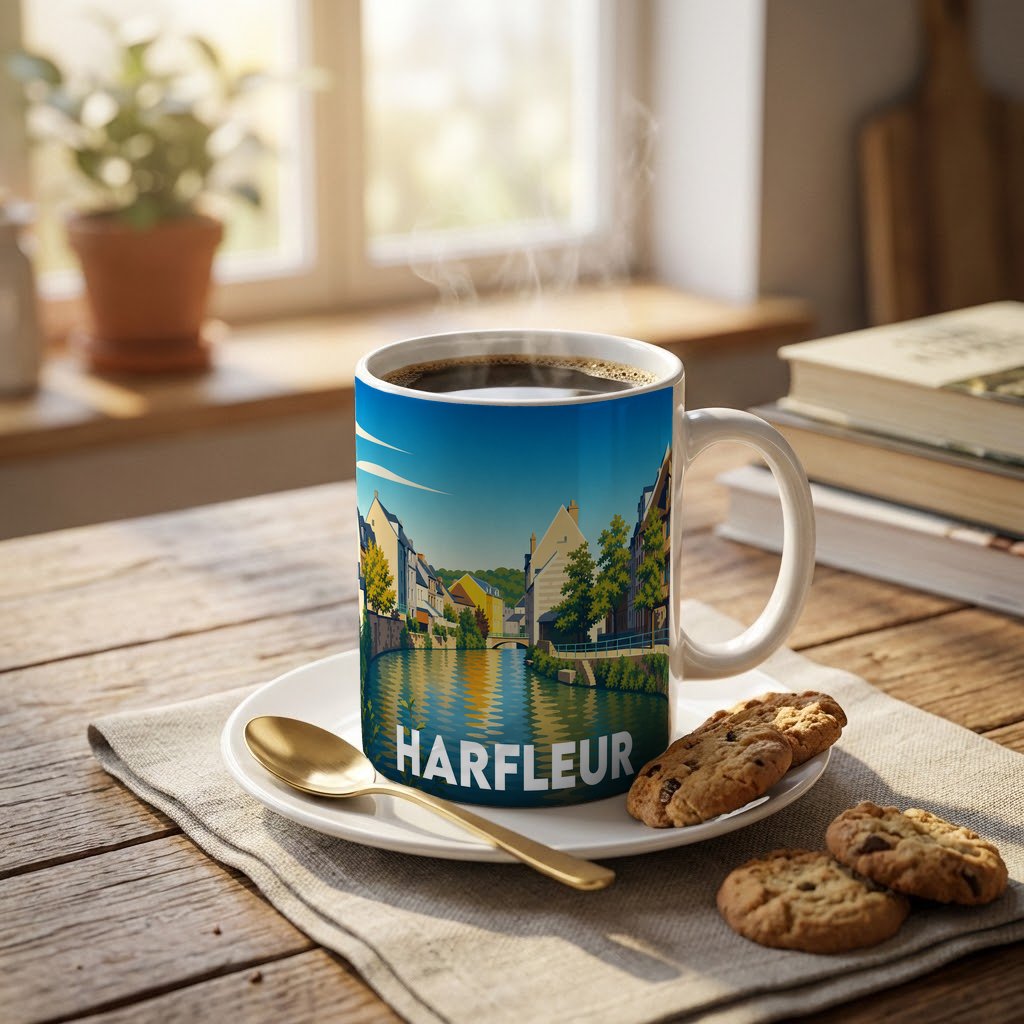 Mug souvenir de la ville d'Harfleur orné d'une illustration stylisée de ses quais.