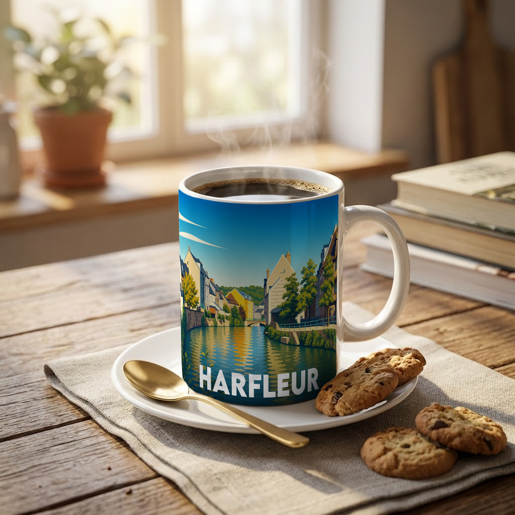 Mug souvenir de la ville d'Harfleur orné d'une illustration stylisée de ses quais.