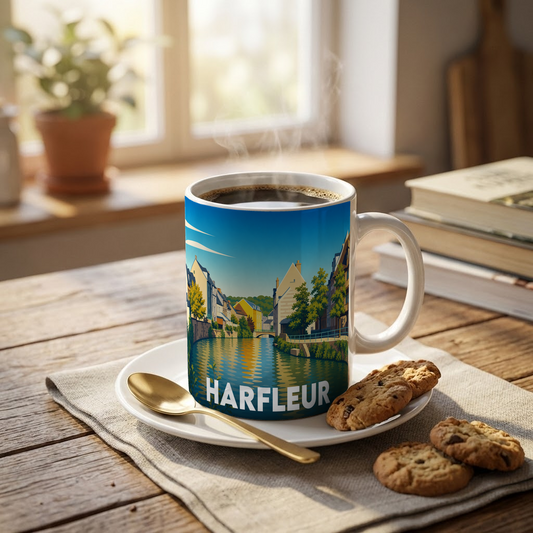 Mug souvenir de la ville d'Harfleur orné d'une illustration stylisée de ses quais.