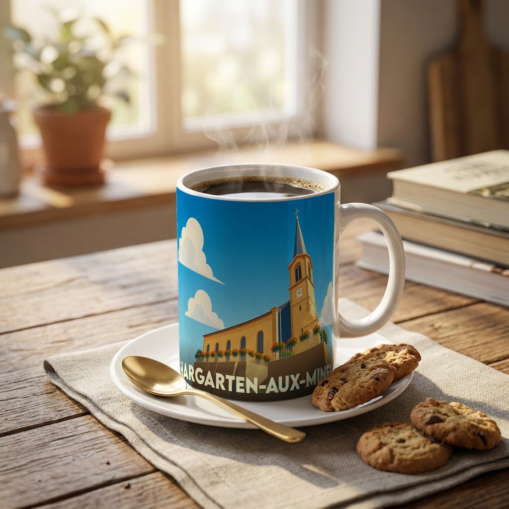 Mug souvenir de la ville de Hargarten-aux-Mines avec une illustration stylisée de son église sous un ciel bleu.