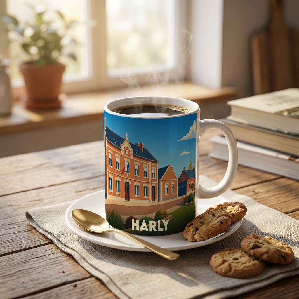 Mug souvenir de la ville de Harly avec une illustration stylisée de l'hôtel de ville.