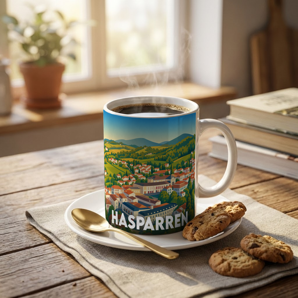 Mug souvenir de la ville de Hasparren orné d'une illustration stylisée du paysage urbain et de ses collines.