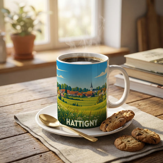 Mug souvenir de la ville de Hattigny orné d'une illustration champêtre stylisée.