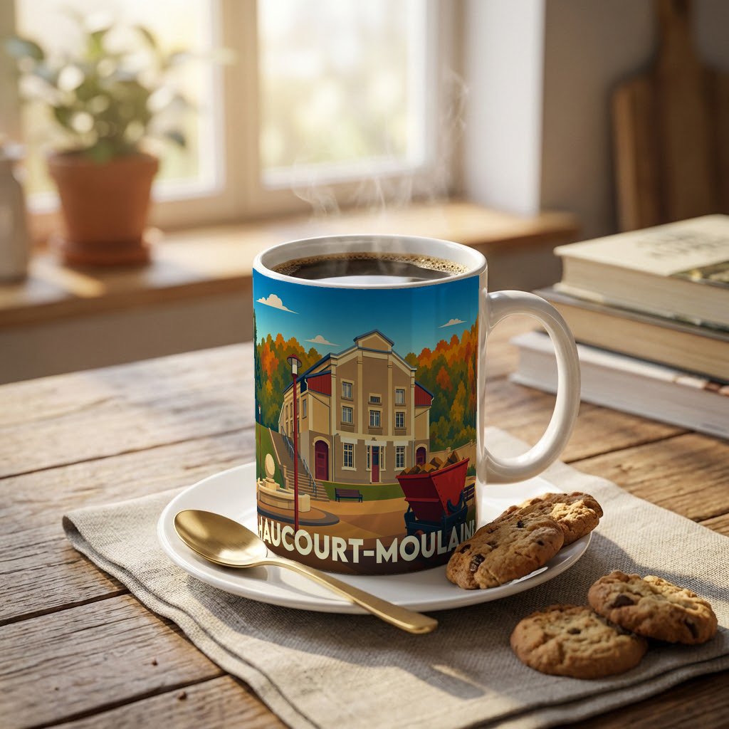 Mug souvenir de la ville de Haucourt-Moulaine avec une illustration stylisée.