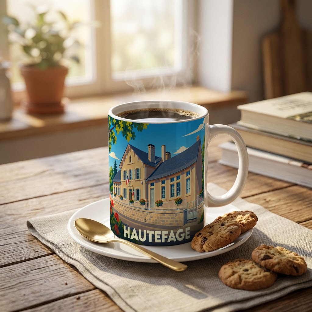 Mug souvenir de la ville de Hautefage orné d'une illustration stylisée de sa mairie.