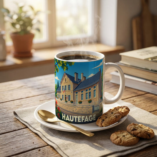 Mug souvenir de la ville de Hautefage orné d'une illustration stylisée de sa mairie.