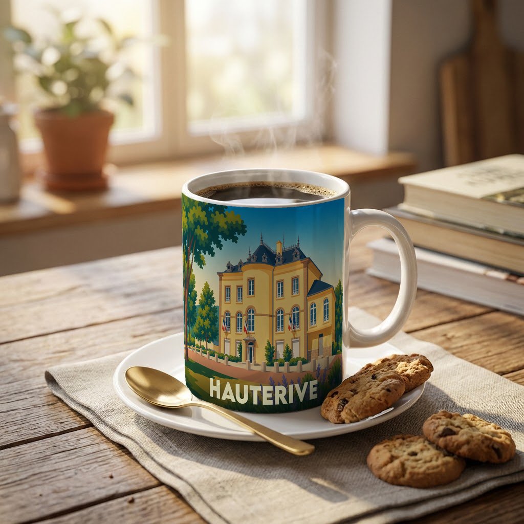 Mug souvenir de la ville de Hauterive avec une illustration stylisée de son architecture.