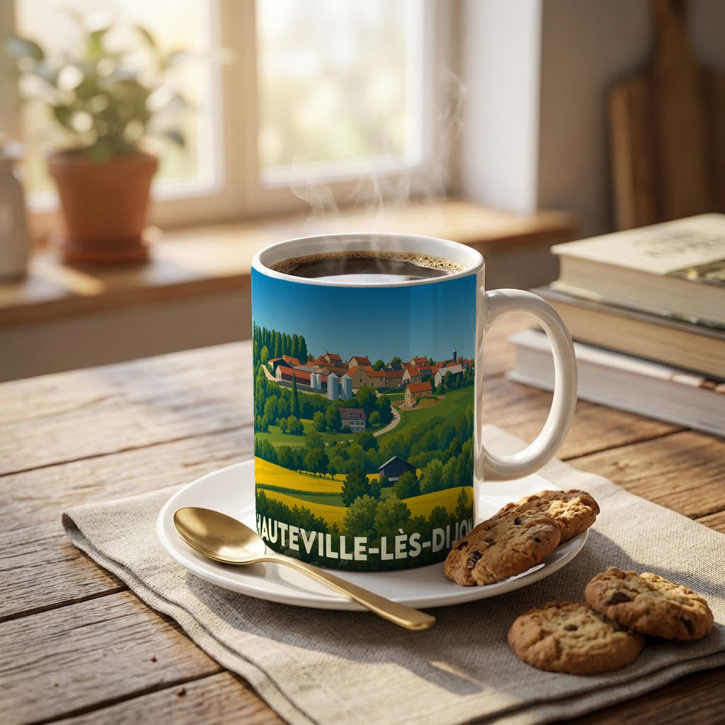 Mug souvenir de la ville de Hauteville-lès-Dijon avec une illustration paysagère stylisée.