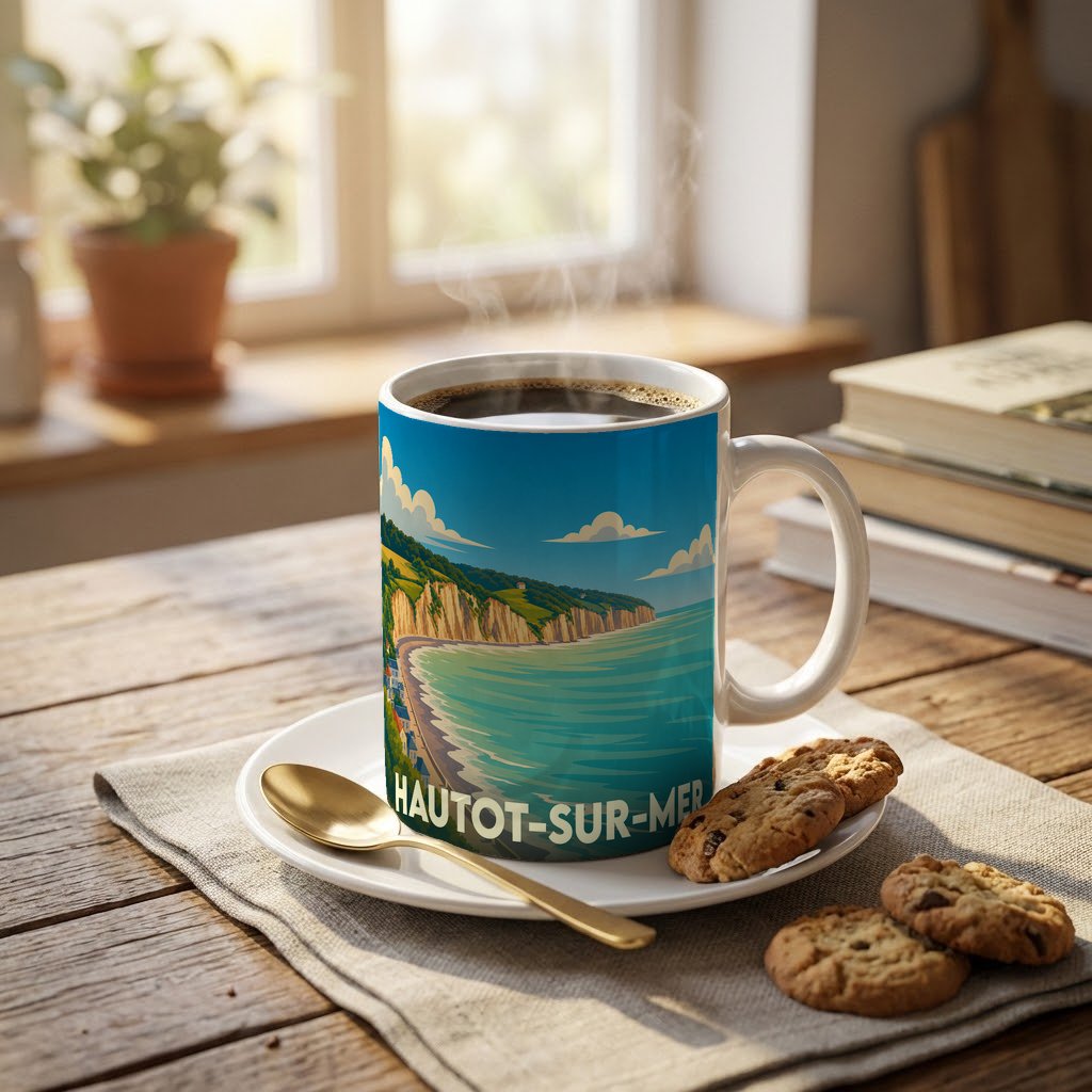 Mug souvenir de la ville de Hautot-sur-Mer avec une illustration stylisée de son littoral.