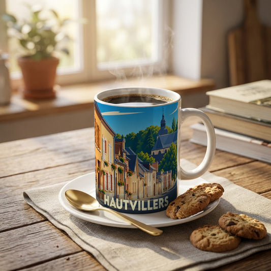 Mug souvenir de la ville de Hautvillers illustré par une scène de village pittoresque.
