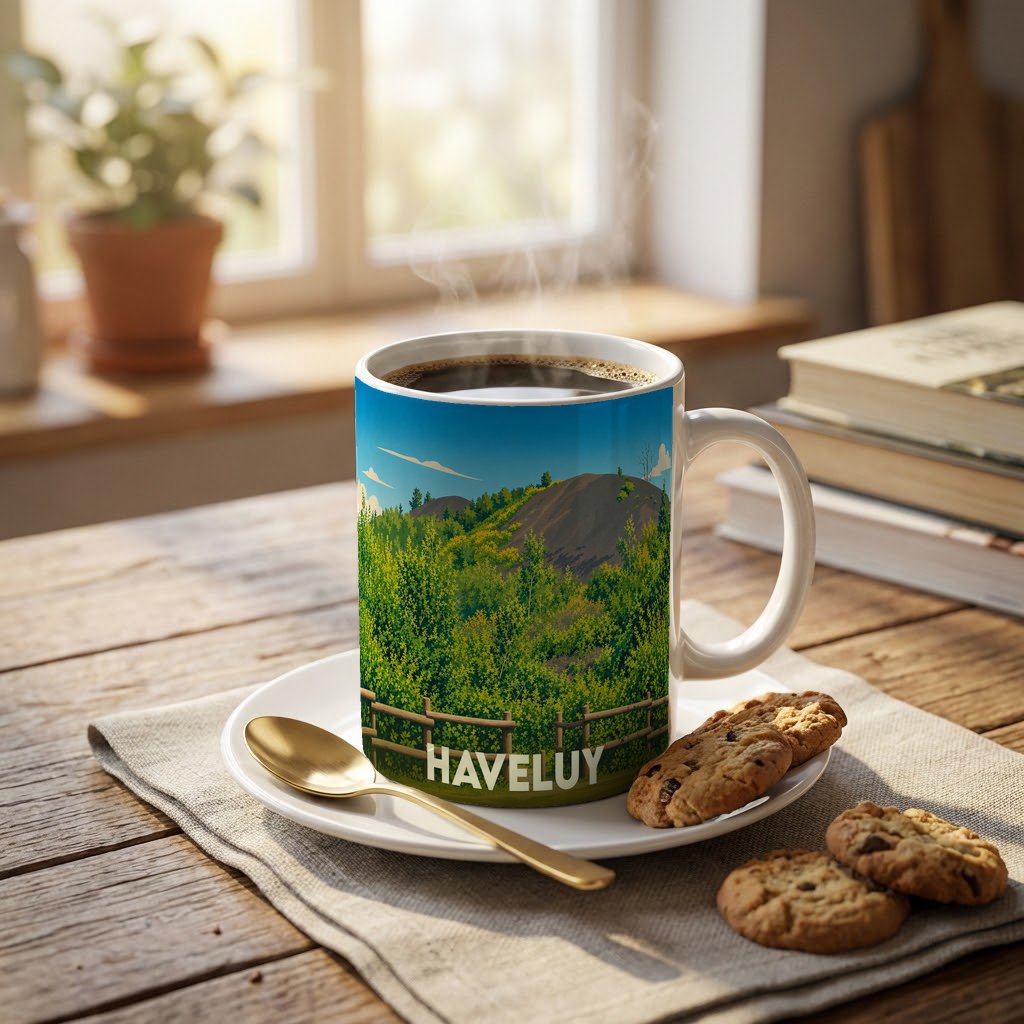 Mug souvenir de la ville de Haveluy avec une illustration stylisée de paysages verdoyants.