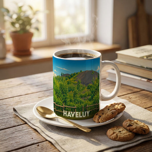 Mug souvenir de la ville de Haveluy avec une illustration stylisée de paysages verdoyants.