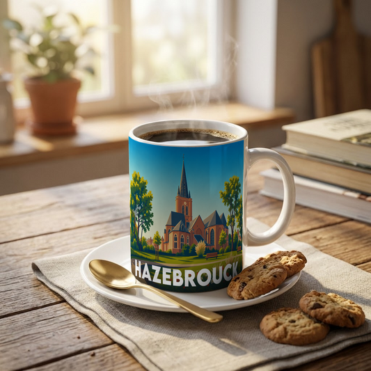 Mug souvenir de la ville de Hazebrouck avec une illustration stylisée.