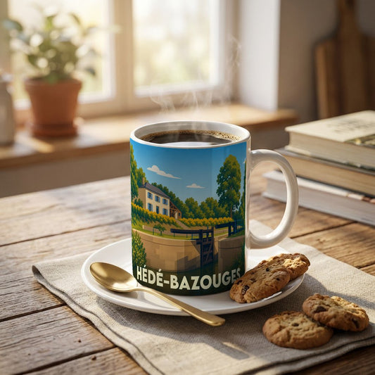 Mug souvenir de la ville de Hédé-Bazouges orné d'une illustration stylisée du canal et de ses écluses.