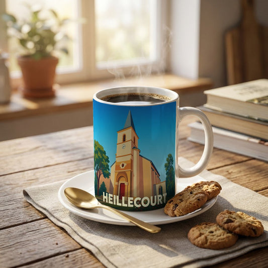 Mug souvenir de la ville de Heillecourt avec une illustration stylisée d'une église.