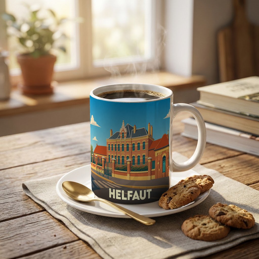 Mug souvenir de la ville de Helfaut avec une illustration architecturale stylisée.