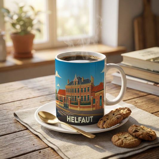 Mug souvenir de la ville de Helfaut avec une illustration architecturale stylisée.