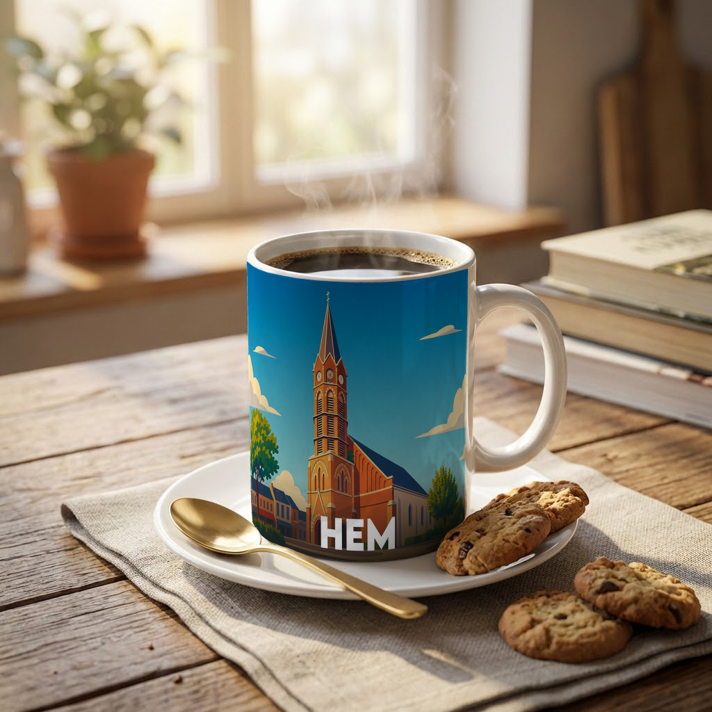 Mug souvenir de la ville de Hem avec une illustration stylisée.