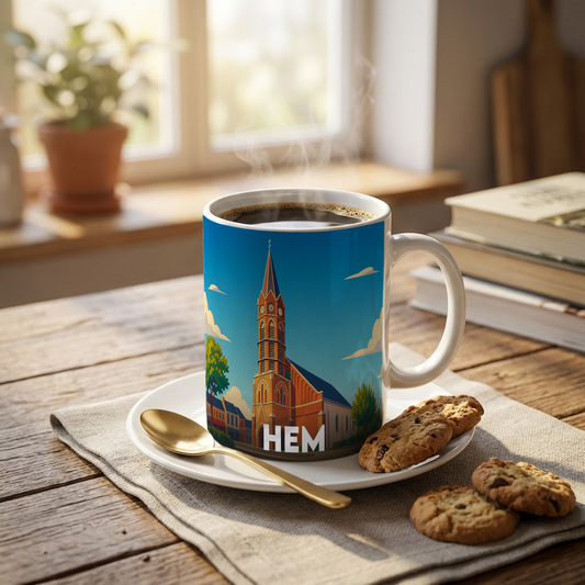 Mug souvenir de la ville de Hem avec une illustration stylisée.